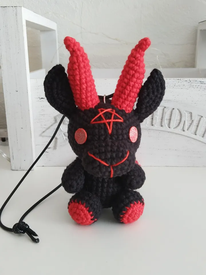 Baphomet gothic car accessories, crochet plushie car charm, hanging plush, creepy car decor, rear view mirror accessories, car interior, goth car, horror car decor, weird sharm, baphomet amigurumi, demon plushie