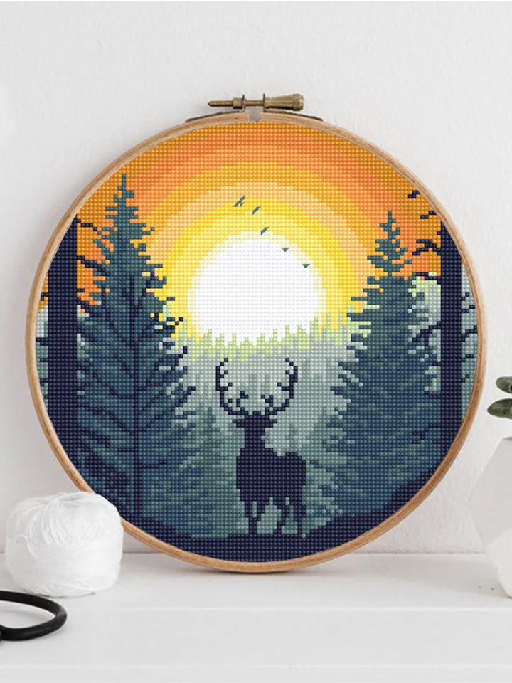 Nature landscape cross stitch pattern PDF download Deer in forest cross stitch chart, Forest sunset pattern digital PDF Deer silhouette #L75