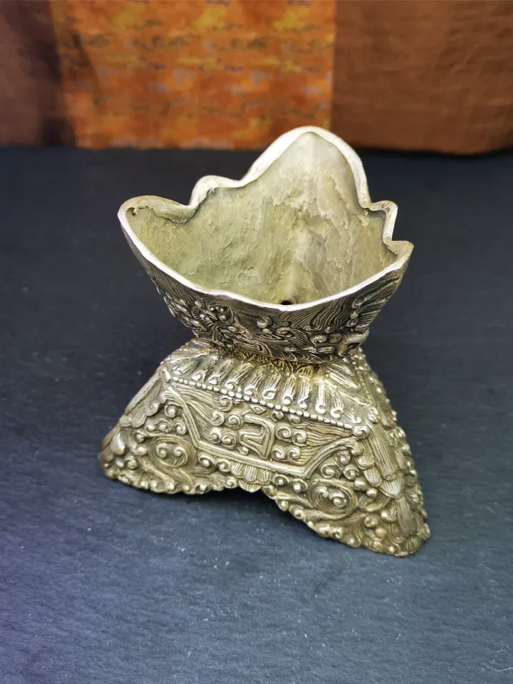 Gandhanra Handmade Tibetan Buddhist Offering Bowl,Kapala Skull Cup Set,Ritual Implement,Made of White Copper,7" Height