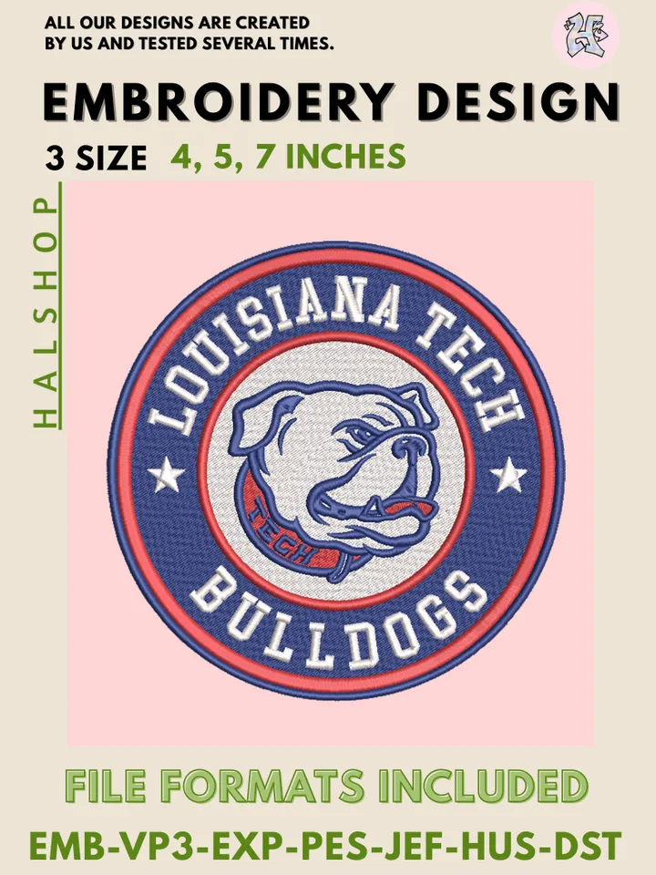 Louisiana Tech Bulldogs NCAA Mascot Logo Embroidery Design – College Team Pattern, Machine Embroidery Files, 3 Sizes Digital Instant Download