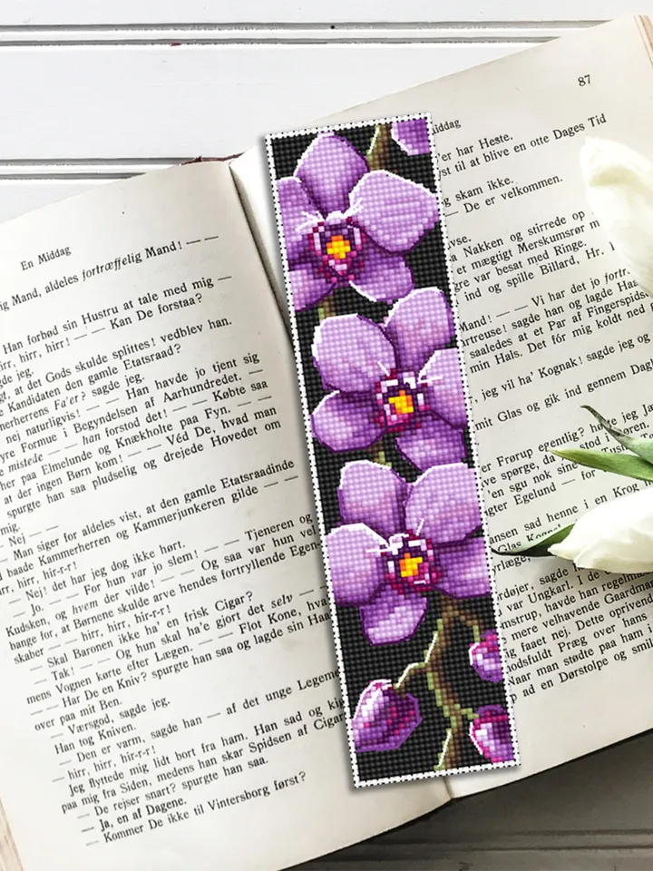 Flower bookmark orchid cross stitch pattern download PDF Modern handmade bookmark digital PDF Purple orchid gifts Bookmarks for women #B61