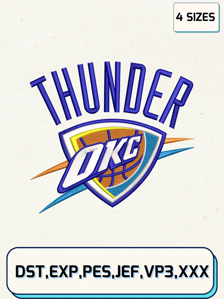 Oklahoma City Thunder Logos Embroidery Design Files,NBA Logos Embroidery Designs,Machine Embroidery Files,4 Sizes