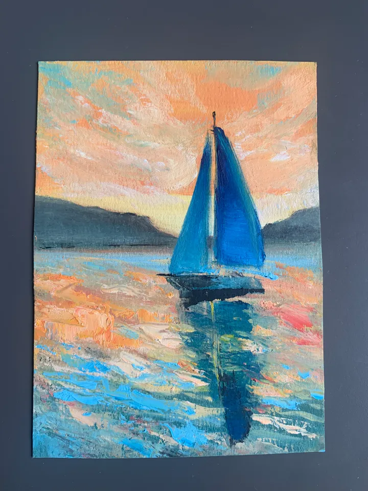 Yacht on a sunset oil original painting impasto