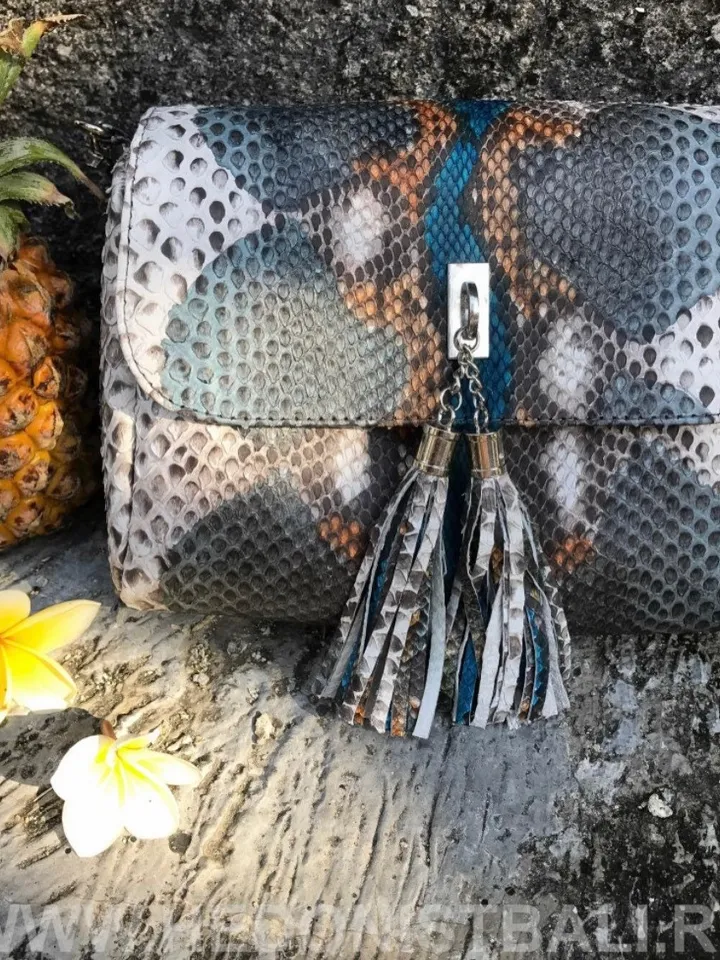 Genuine python skin crossbody multicolor turquise tassel women bag | Designer leather snakeskin bag | exotic leather bags free shipping