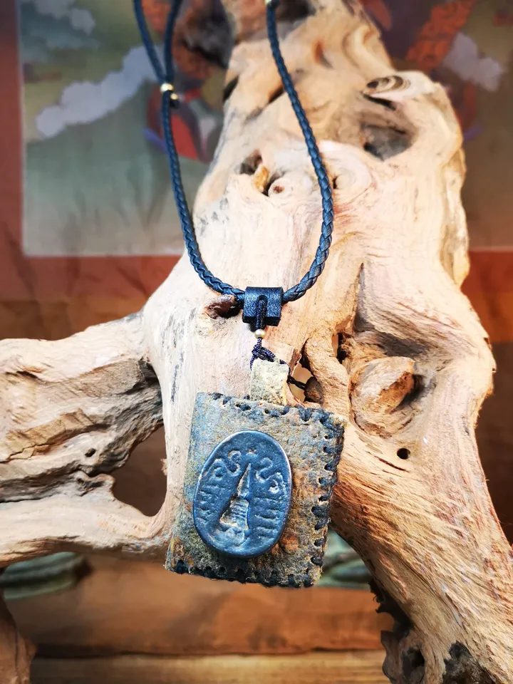 Gandhanra Antique Amulet Pendant,Stupa / Pagoda Tsa Tsa Mold on leather Sachet