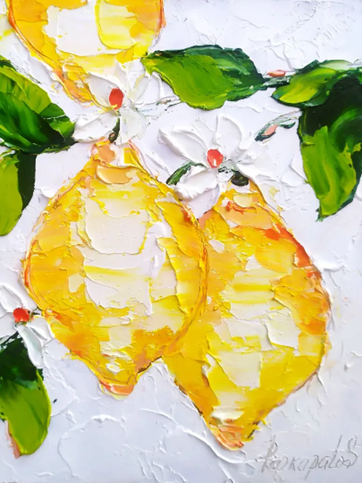 Lemon Painting Italy Original Art Impasto Painting Seascape Painting Abstract Art Floral Small Artwork 6 by 5 by Art ProkopaloSv