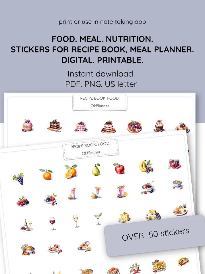 Digital Food Stickers for Meal Planners, Recipe books, Food diary, Scrapbooks. Nutrition stickers. Food-themed stickers