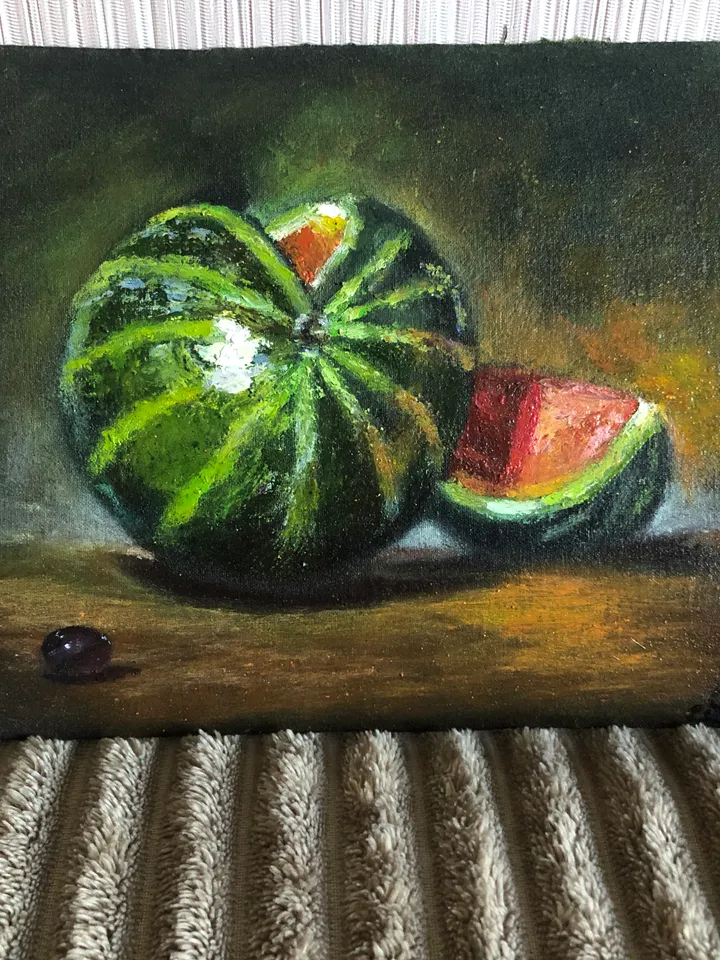 Watermelon original oil painting wall art 7x8 inches