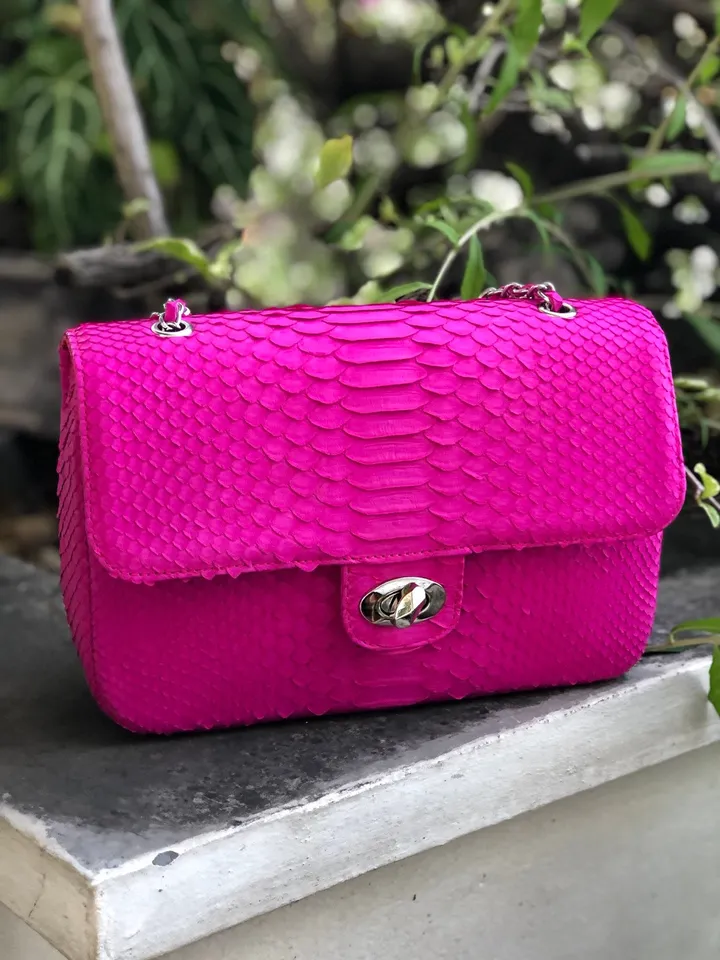 Genuine python skin maxi crossbody bag fuchia colour big, summer big chain crossbody, elegant classy crossbody bag genuine leather summer