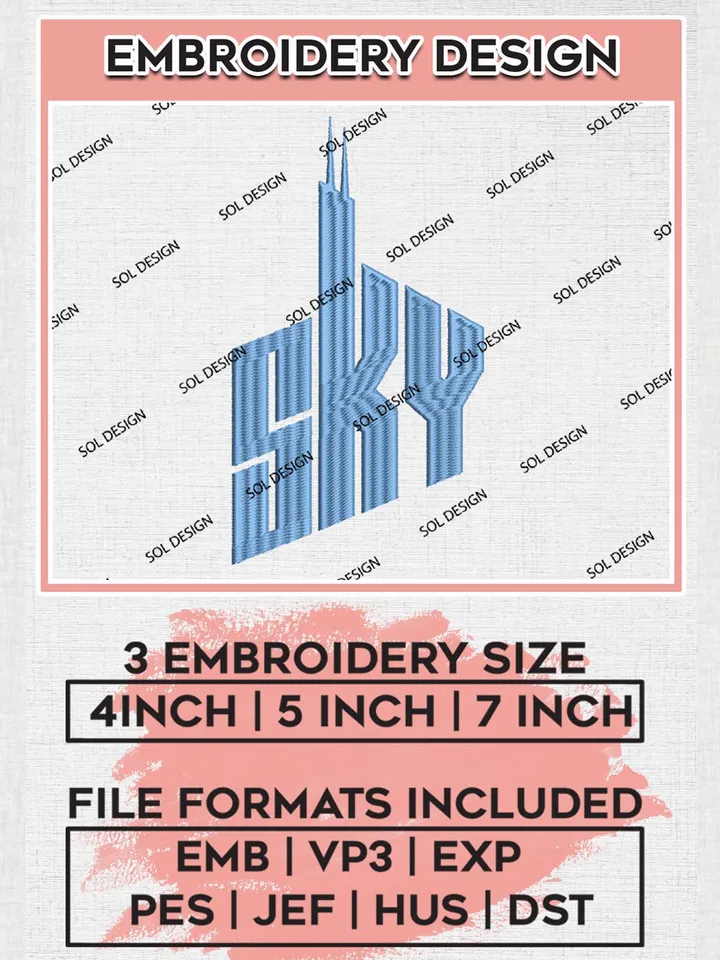 WNBA Sky Basketball Team Logo Embroidery Files, WNBA Chicago Sky Team Embroidery Designs, Basketball Teams, 3 sizes, Machine embroidery designs, Digital Download