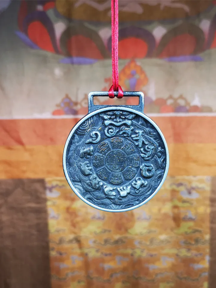 Gandhanra Vintage Tibetan Buddhist Amulet,Melong Mirror, SIPAHO(srid pa ho),Jiugong Bagua Badge,made of Copper,Couple Set of 2 Badges