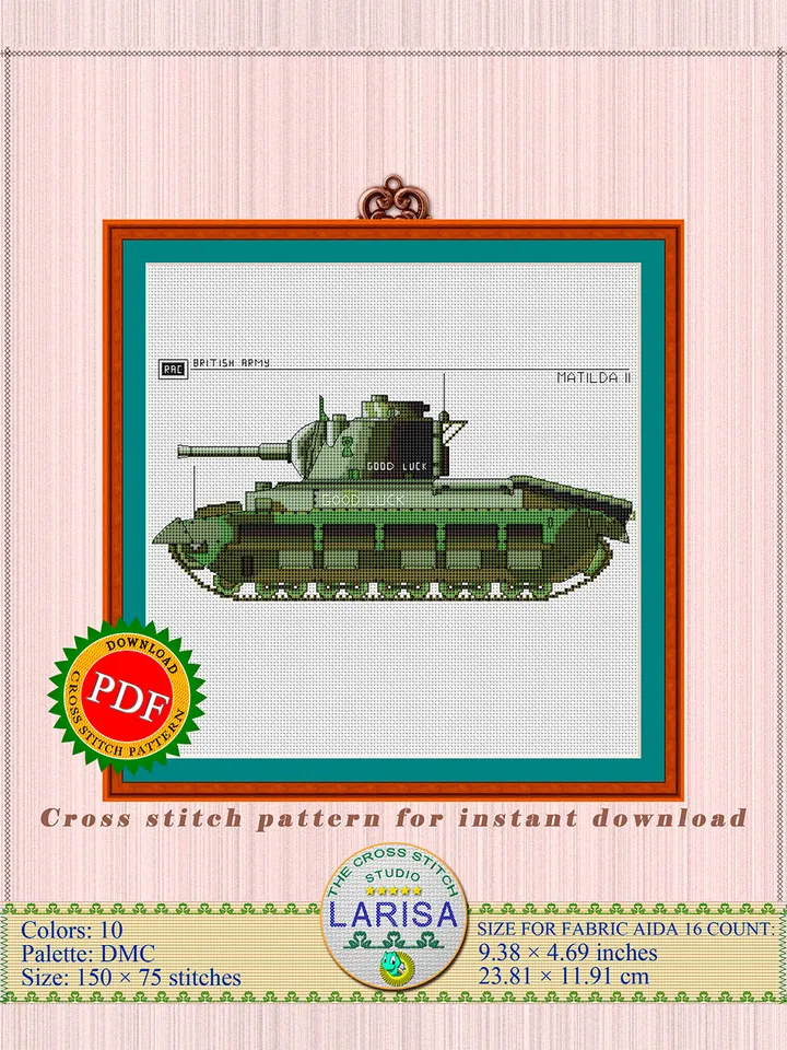 Matilda Cross Stitch Pattern | WWII British Infantry Tank | Matilda II Tank Embroidery Chart