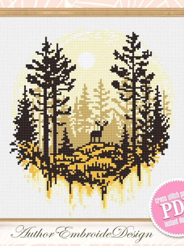 Nature landscape cross stitch pattern PDF download Deer cross stitch chart, Simple cross stitch beginner, Forest pattern digital PDF #L81