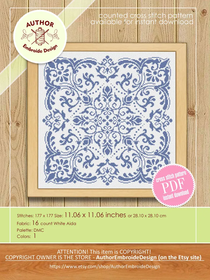 Vintage mandala cross stitch pattern PDF download Square ornament cross stitch chart, Victorian gothic mandala, Vintage pattern PDF #M206