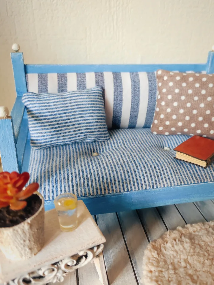 Dollhouse Furniture Set with Blue Sofa and Accessories for dolls scale 1/6