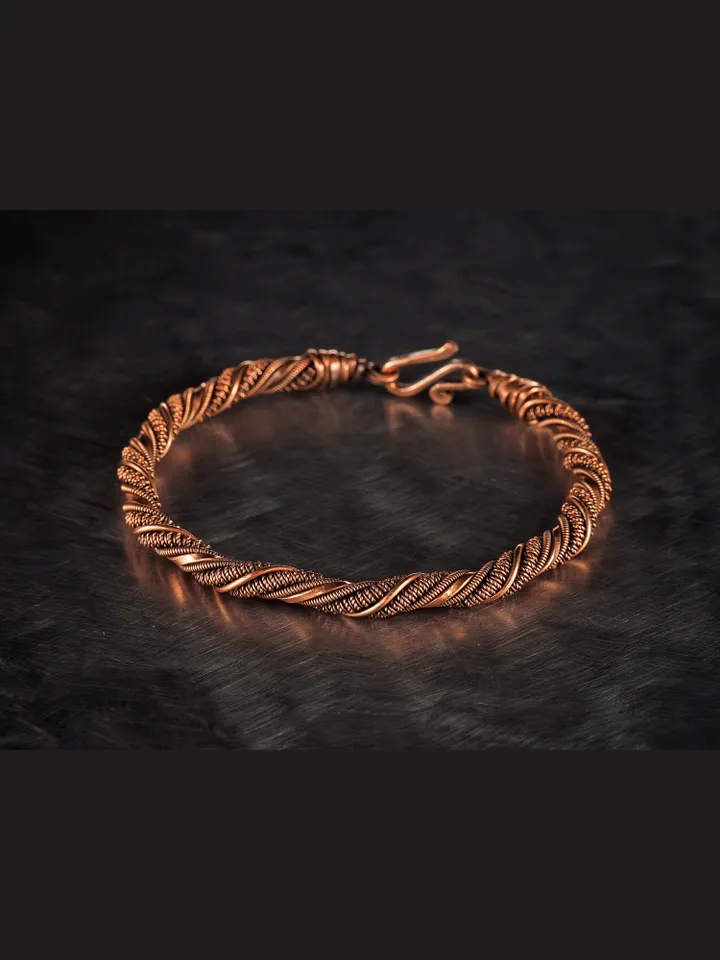 Unique wire wrapped narrow copper bracelet Healing handcrafted art jewelry for husband or wife 7th 22nd Wedding Anniversary gift idea Unique pure copper wire wrapped jewelry Antique style Handmade statement artisan jewellery Healing copper therapy bracele