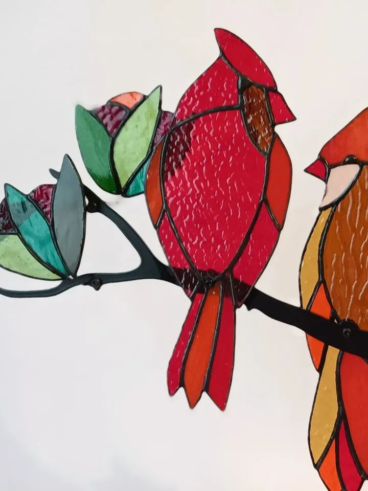 Red Cardinals. Stained Glass Composition on Metal, Red Cardinals Stained Glass Art, Tiffany Technique Cardinal Ornament, Handcrafted Stained Glass Birds on Metal, Red Birds Stained Glass Suncatcher, Handmade Glass Cardinal Wall Decor, Tiffany-Style