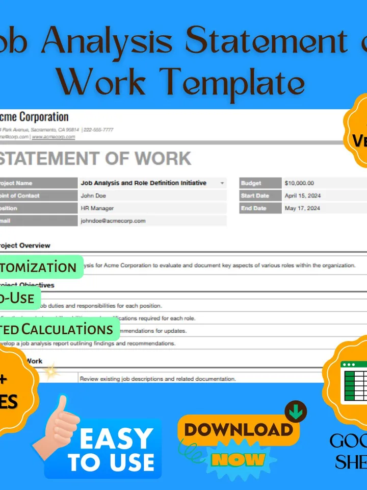 Job Analysis Statement of Work Template, Employee Role Definition, Work Scope Document, Google Sheets SOW Template