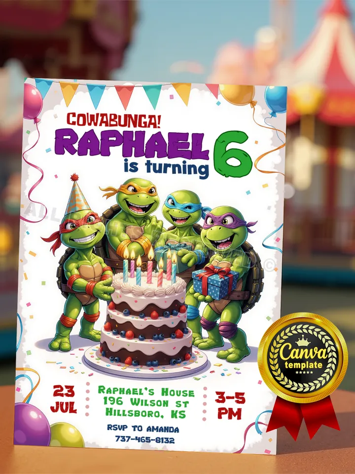 Teenage Mutant Ninja Turtles - Cowabunga Birthday Invitation – Editable Canva Template