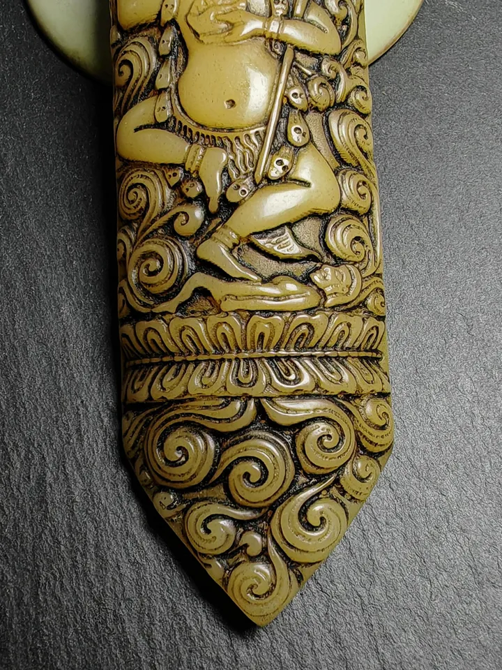 Gandhanra Vintage Yak Bone Carved Troma Nagmo Amulet - Tibetan Buddhist Black Dakini Female Deity Pendant