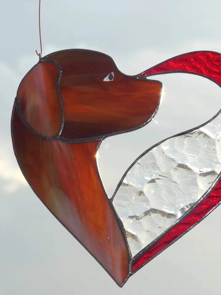Dog Dark Brown Chocolate in Heart . Art stained glass window hanging Suncatcher . Gift for animal lover , pet loss memorial