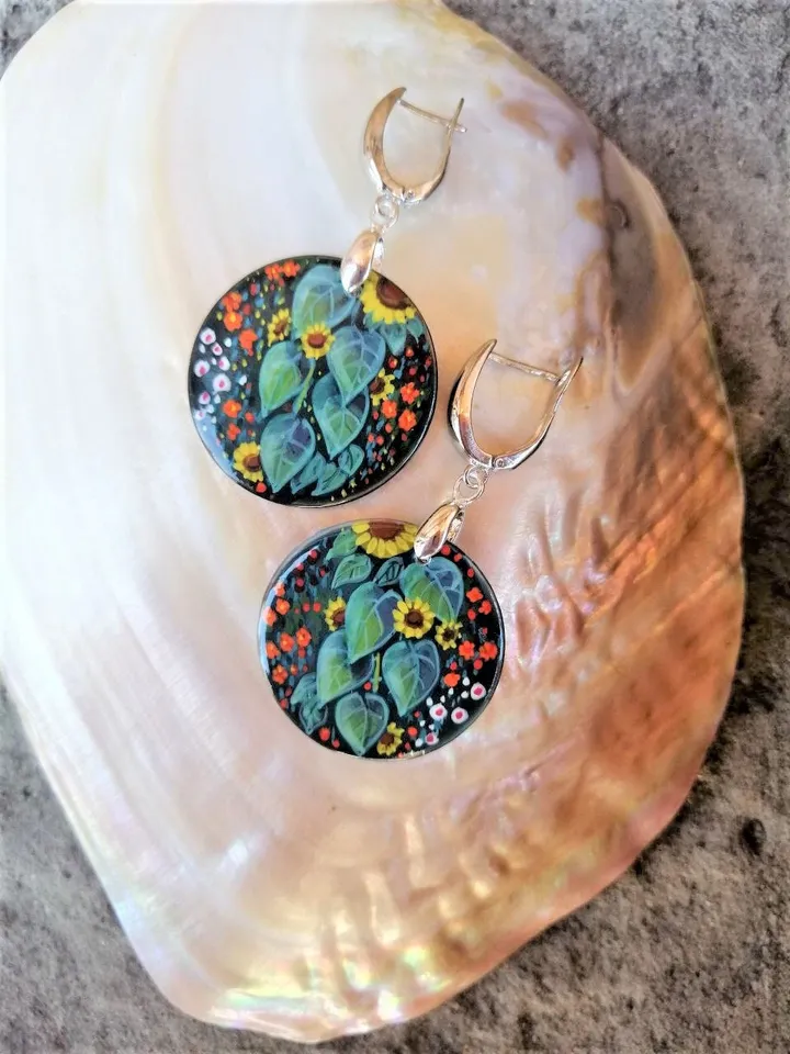 Pearl earrings: Garden flowers and Sunflower hand painted on green mother of pearl earrings • Elegant handcrafted jewelry • Stylish art gift