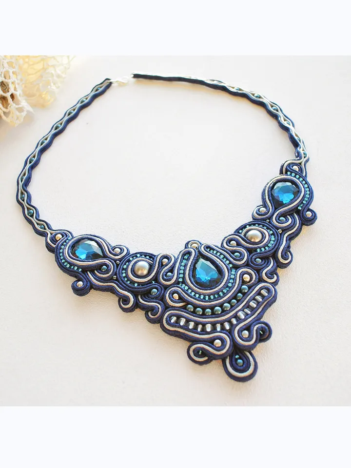 Blue statement necklace, Rhinestone necklace, Soutache embroidered bib necklace