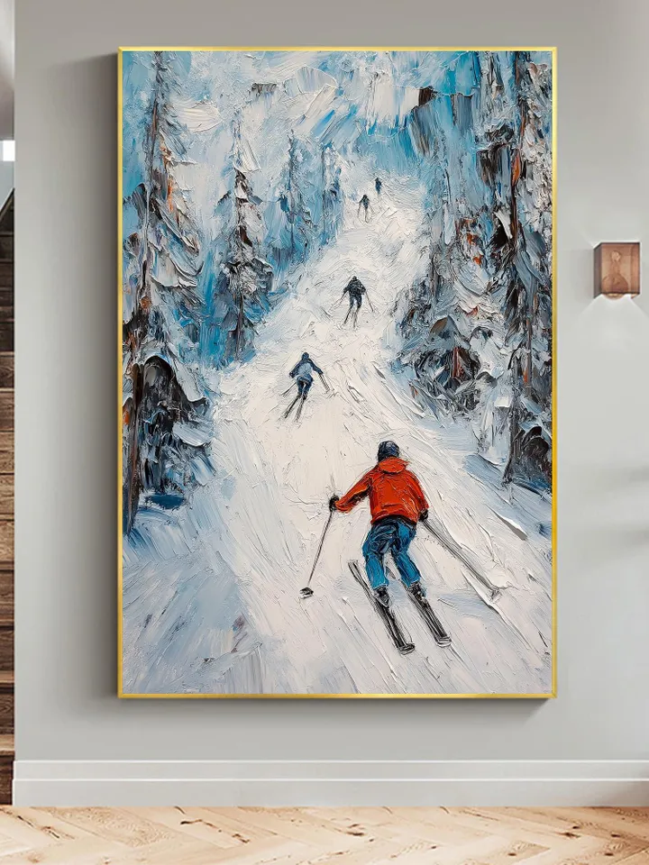 Skiing Painting, Winter Sports Art, Impasto Snow Landscape, Mountain Art, Downhill Skiing, Textured Wall Art, Original Painting,Office Decor