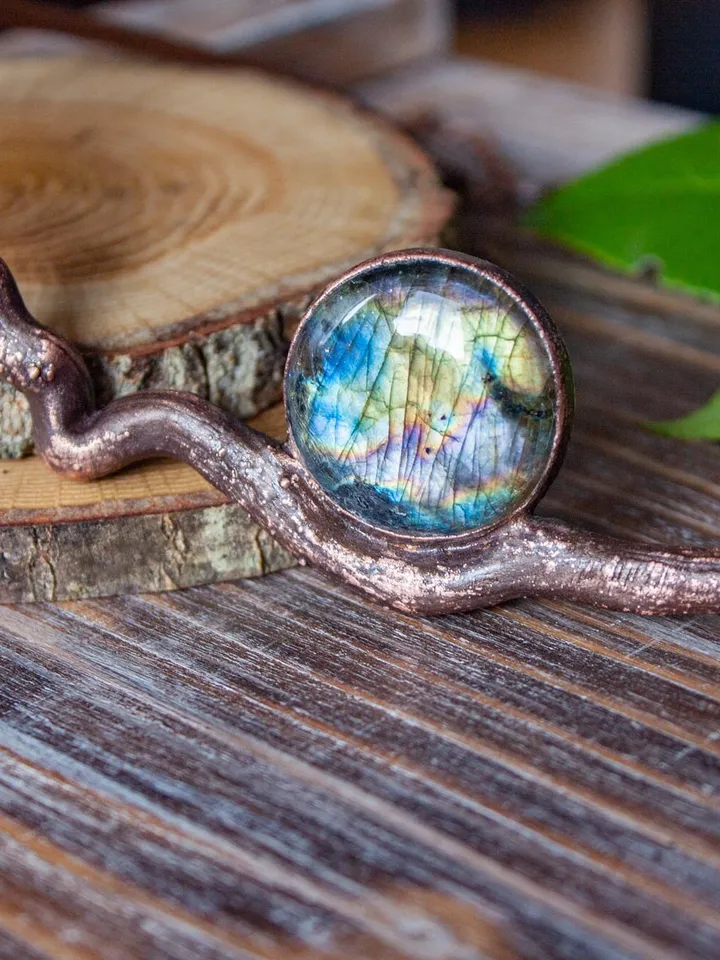 Copper pendant - choker made from natural stick using electroforming with natural labradorite stone