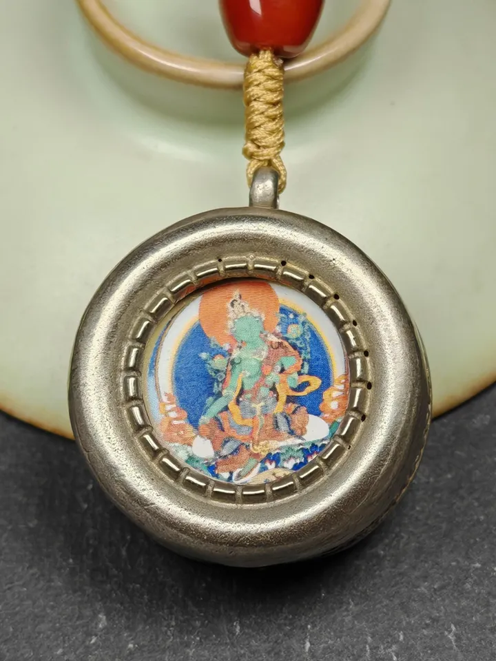 Gandhanra Vintage Green Tara Gau Ghau Shrine,Round Tibetan Buddhist Altar Amulet Pendant,Made of White Copper