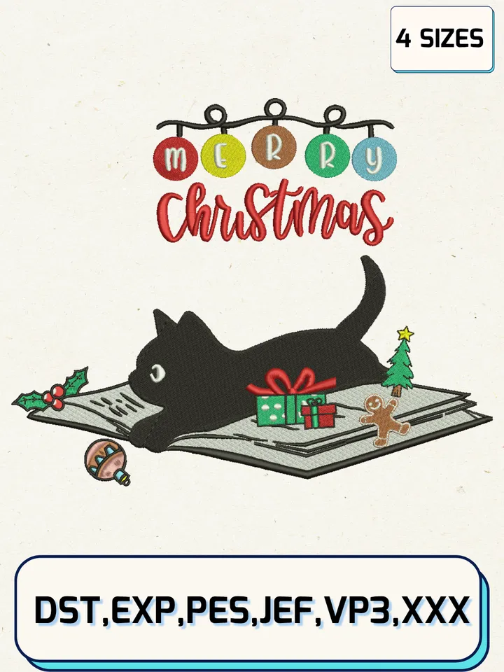 Merry Christmas Cat Book Embroidery Designs,Christmas Embroidery Designs,Machine Embroidery Files,4 Sizes
