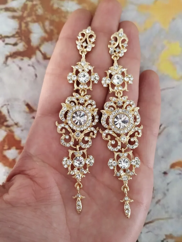 Long Vintage Style Wedding Earrings | Gold , Silver Chandelier Statement Bridal Earrings | Vintage Style Wedding Jewelry | Wedding Gift