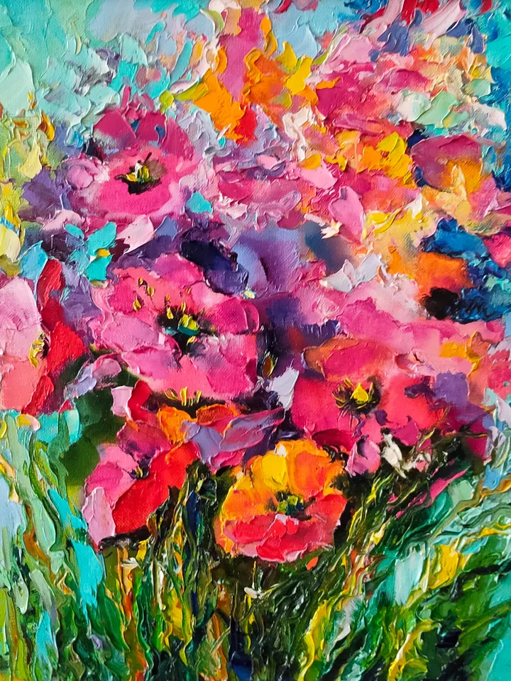 Bouquet Flowers Poppies Oil Canvas on Cardboard Original Art Painting Impasto Palette Knife 16 x 16 inches by Artist Natalia
