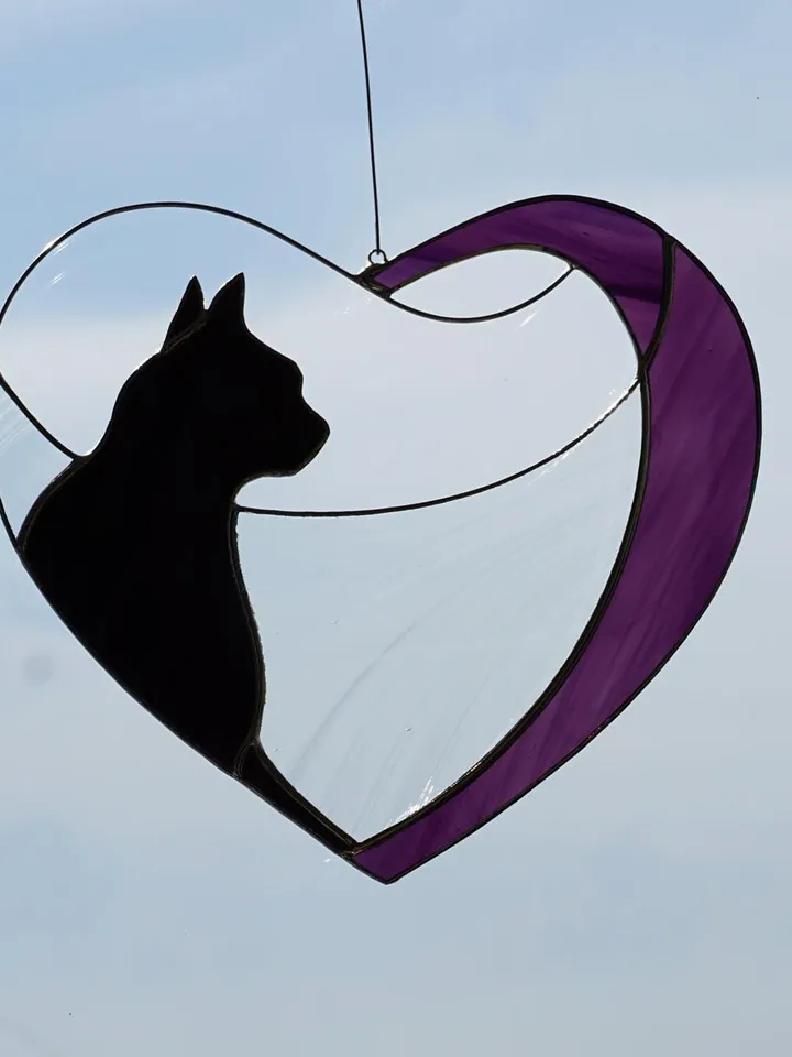 Black Cat in Blue Heart . Art stained glass window hanging Suncatcher . Gift for animal lover , pet loss memorial
