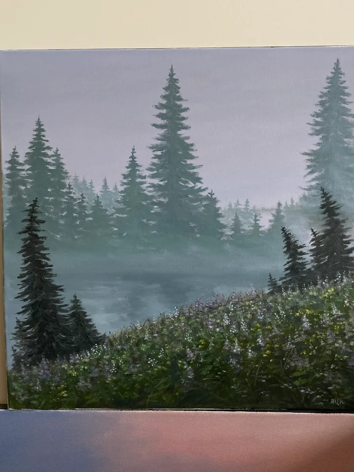 Forest Painting Landscape Oil Artwork Foggy Art Moody Painting On Stretched Canvas 16x16 in