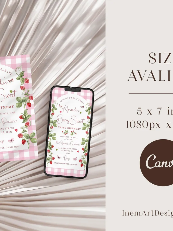 Editable Strawberry 3rd Birthday Invitation Berry Sweet Strawberry Picking 4th Birthday Invite Invites Canva Instant Download i115
