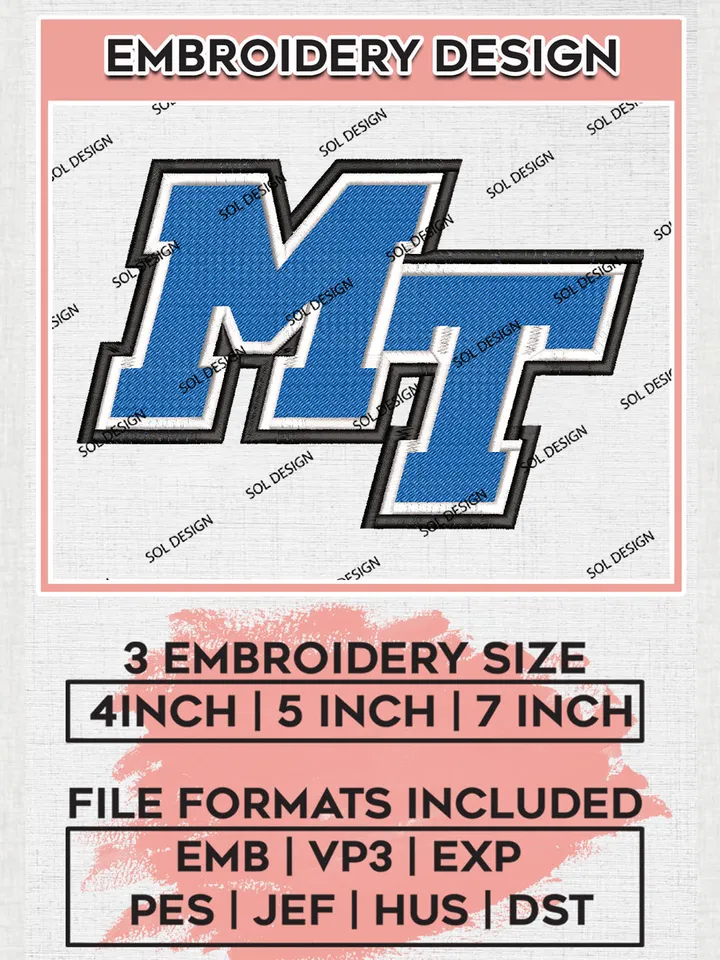 NCAA MT Blue Raiders Football Team Logo Embroidery Design Files, NCAA Middle Tennessee Blue Raiders Machine Embroidery, NCAA Teams, Game Day, 3 sizes, NCAA Machine embroidery designs, Digital Download