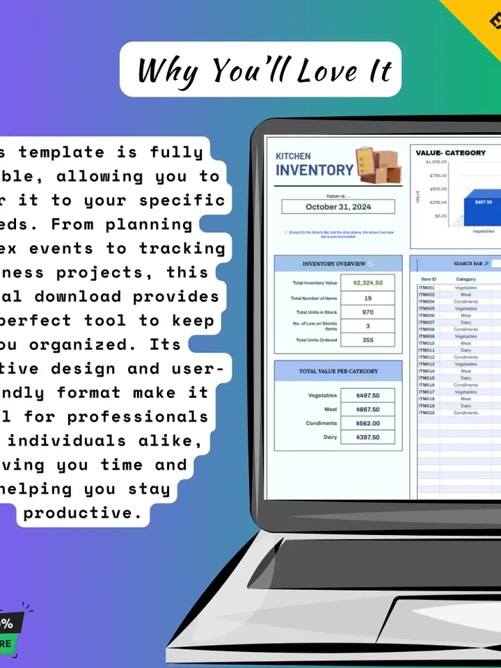 Restaurant Kitchen Inventory Template, Google Sheets Food Stock Tracker, Digital Download, Easy-to-Use Inventory for Chefs Managers