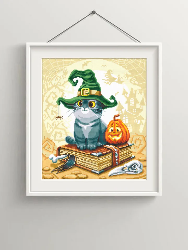 Halloween witch cat cross stitch pattern PDF download Cute cat in the hat cross stitch chart, Halloween pattern digital PDF, Witch hat #H25