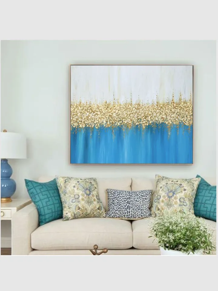 Gold and Blue Turquoise Abstract Wall Art Gold leaf Painting on Canvas | Modern Abstract painting Above bed decor