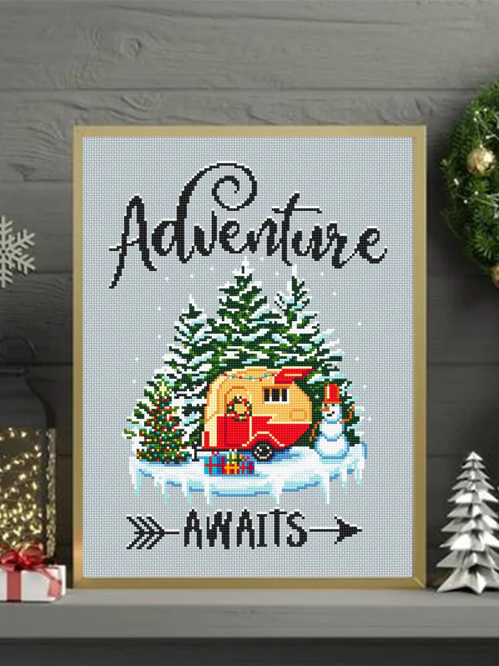 Adventure awaits cross stitch pattern download PDF Winter camping cross stitch Nature landscape embroidery PDF DIY Christmas decor #L14
