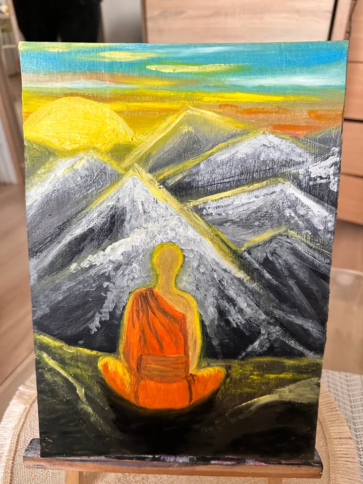 Oil Painting Shaolin Monk Evening Meditation in the Mountains Figurative Male Portrait Mountain Landscape Cardboard 30x21 cm 12x8 inches 3D Image Wall Decor