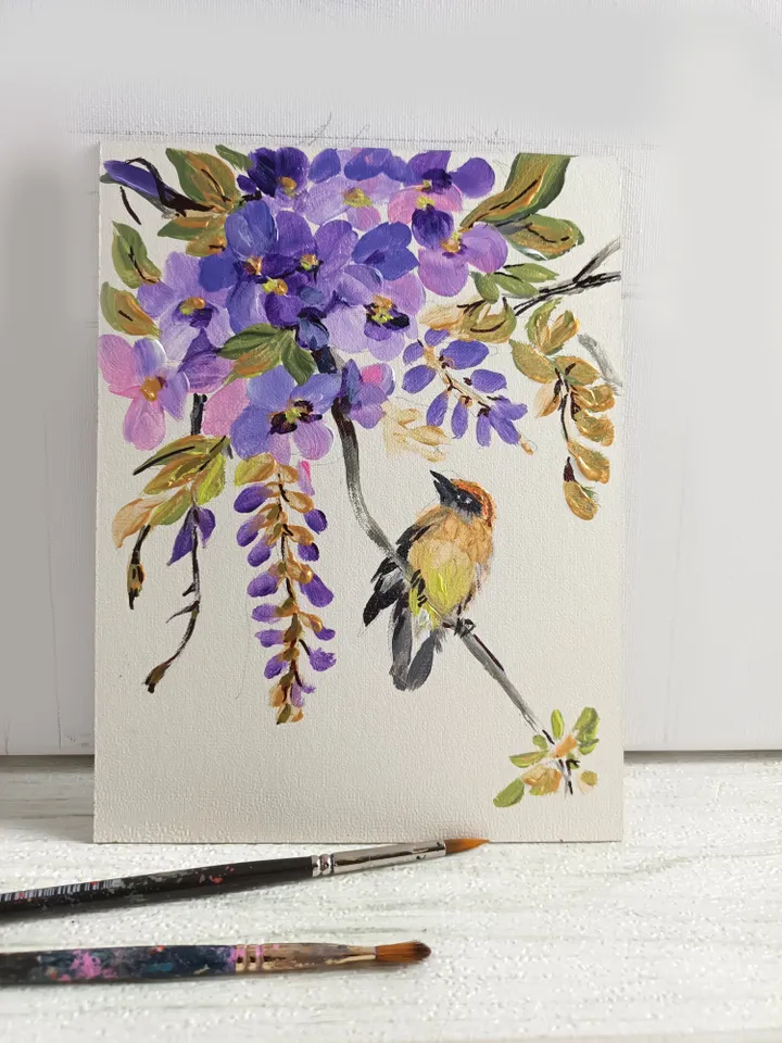 Painting"Forest Bird and wisteria"/Cardboard 6" x 8". Acrylic. Author's work.