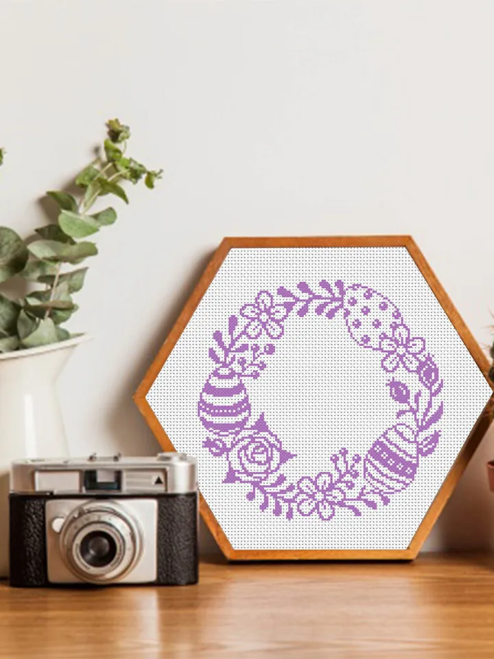 Easter wreath cross stitch pattern download PDF Easter eggs cross stitch chart, Small beginner embroidery PDF, Happy Easter cross stitch #T1