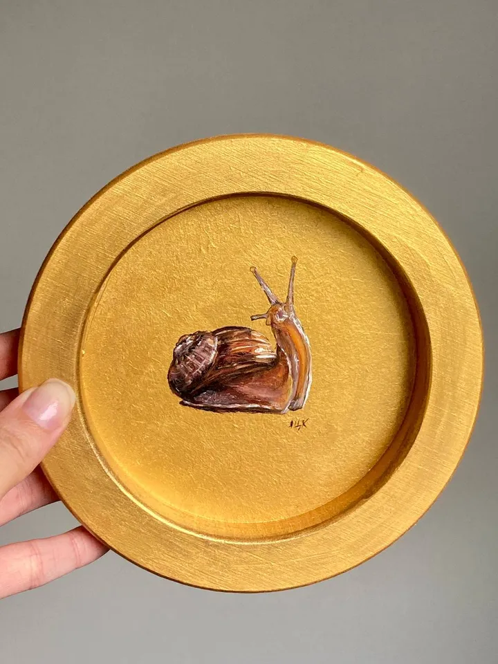 Framed Snail Oil Painting Original Round Art Gold Frame Painting Academia