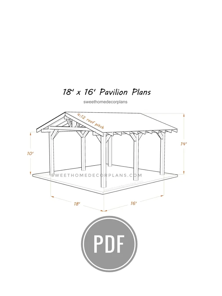 DIY 18 x 16 gable pavilion plans. Covered carport plans. Wooden gazebo plans. Timber frame backyard open garage plans in PDF.
