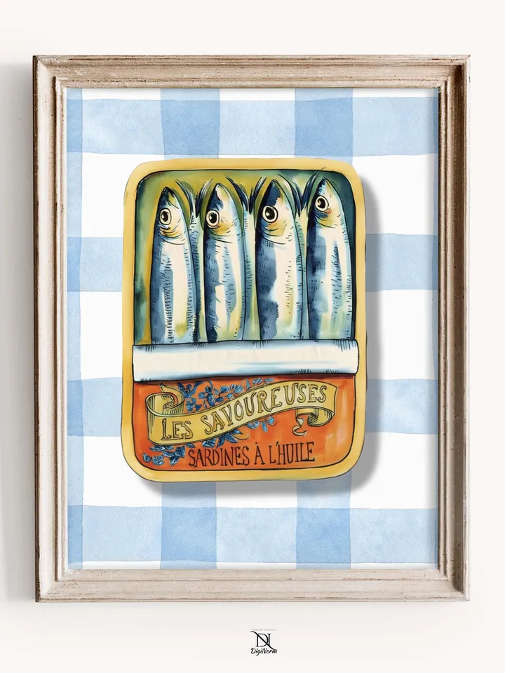Sardines Print Sardine Tin Vintage Poster Retro Sardine Wall Art Fish Print Eclectic Wall Art Colorful Kitchen Art Maximalist Poster Digital