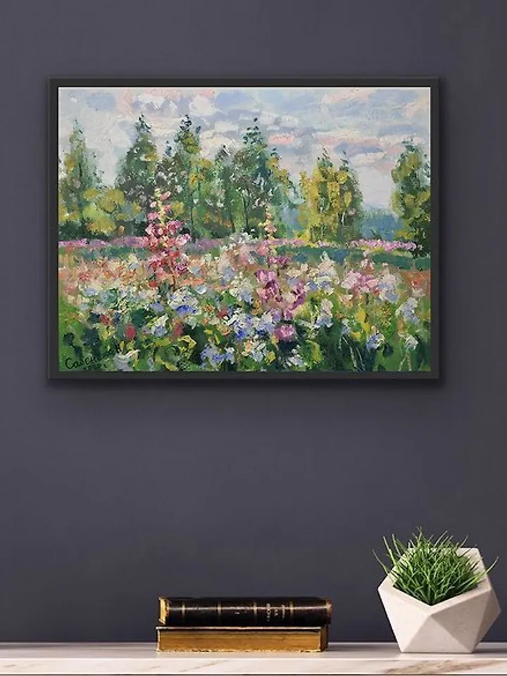 Nature Painting Landscape Blooming Meadow Wildflower Original Art