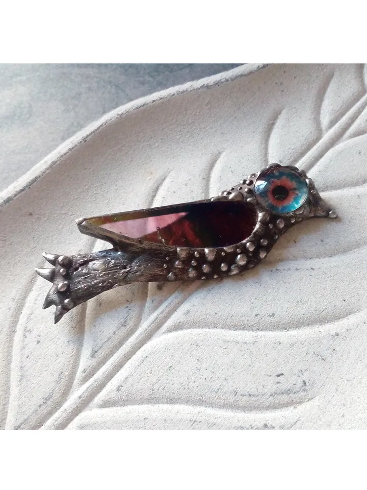 Stained glass bird brooch, Hummingbird pin, iridescent stained glass, exotic bird pin, Tropical bird brooch