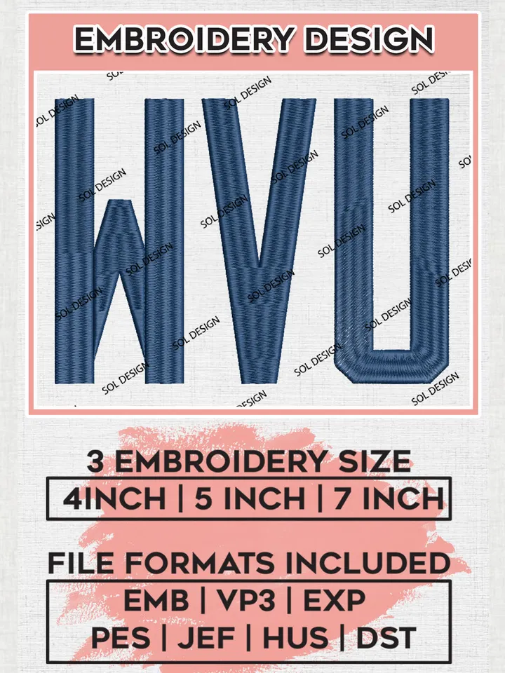 WVU Mountaineers Team Logo Embroidery Design Files, NCAA West Virginia Mountaineers Machine Embroidery, NCAA Teams, 3 sizes, NCAA Machine embroidery designs, Digital Download